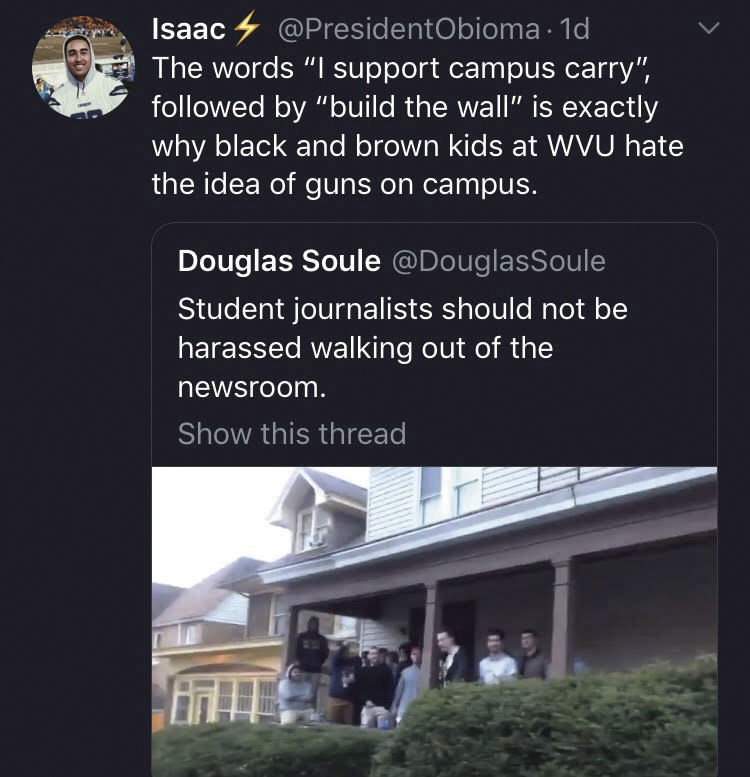 Tweet by WVU SGA President Isaac Obioma about his thoughts on the video capturing a group yelling at journalists leaving the DA building.